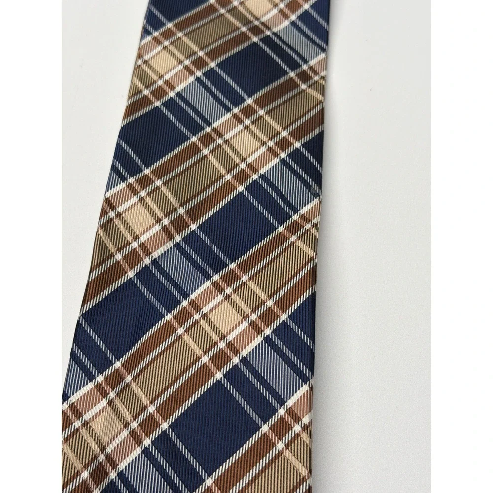 Jos.‎ A. Bank Executive Collection Mens Navy Blue Tan Plaid 100% Silk Necktie
